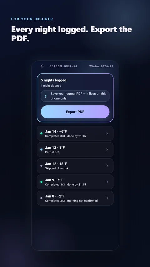 The season journal: every night logged, exported as a PDF for your insurer