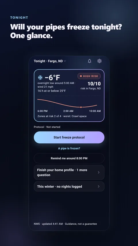 Tonight's risk at a glance: the overnight low, the hours below the pipe threshold, the first step